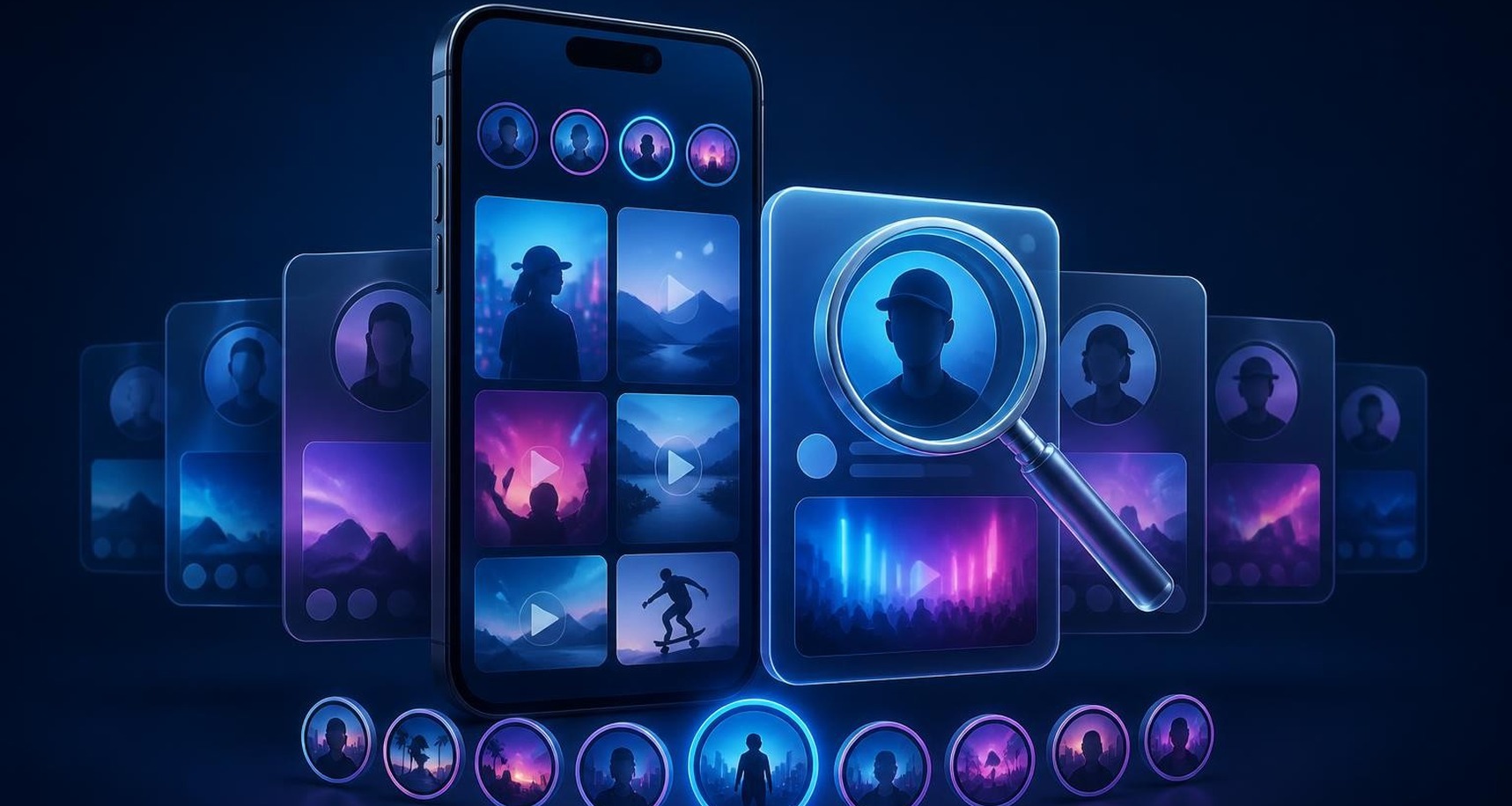 Story tiles on a phone beside a profile search panel