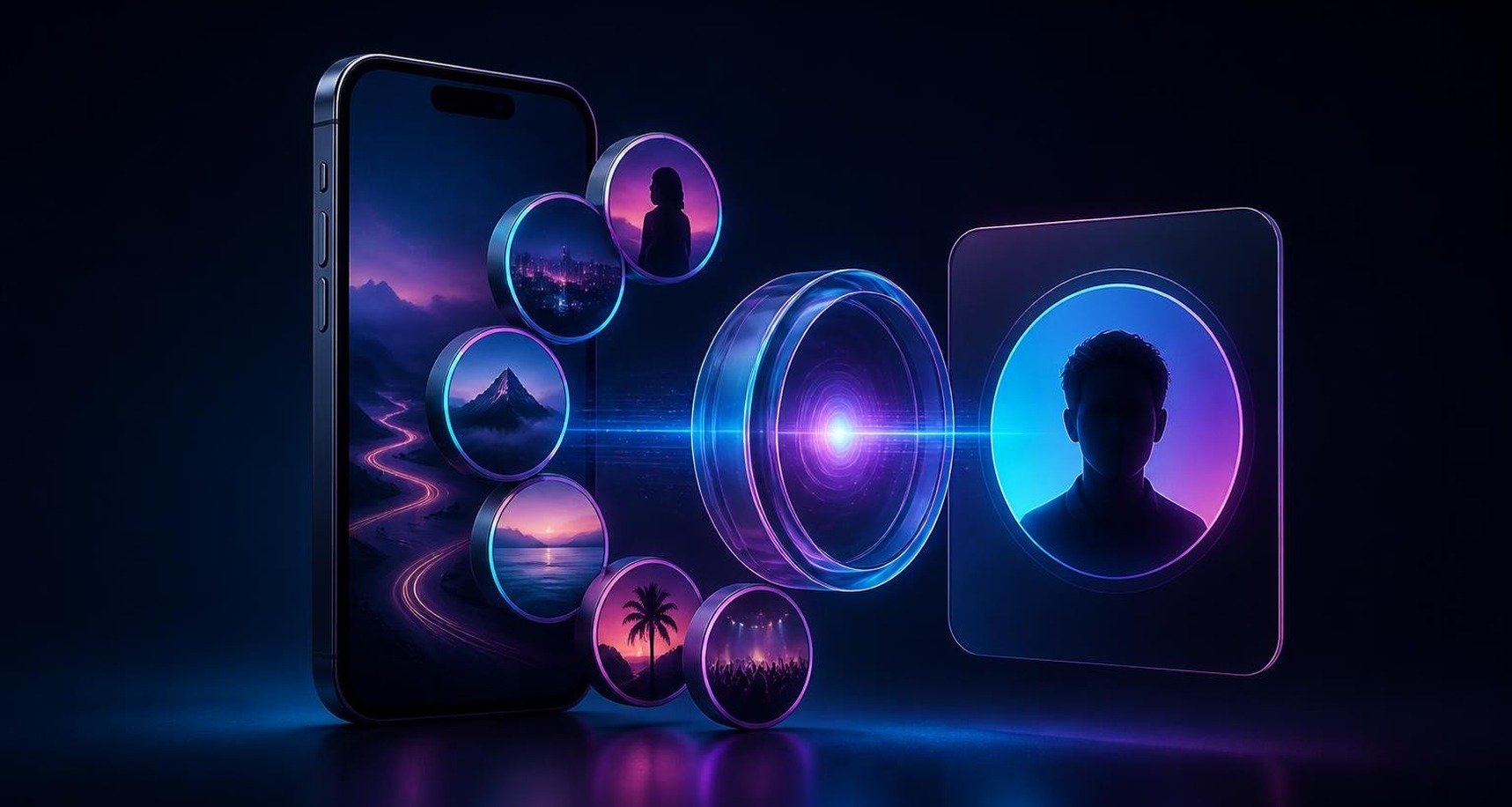 Smartphone story thumbnails linked to a highlighted profile